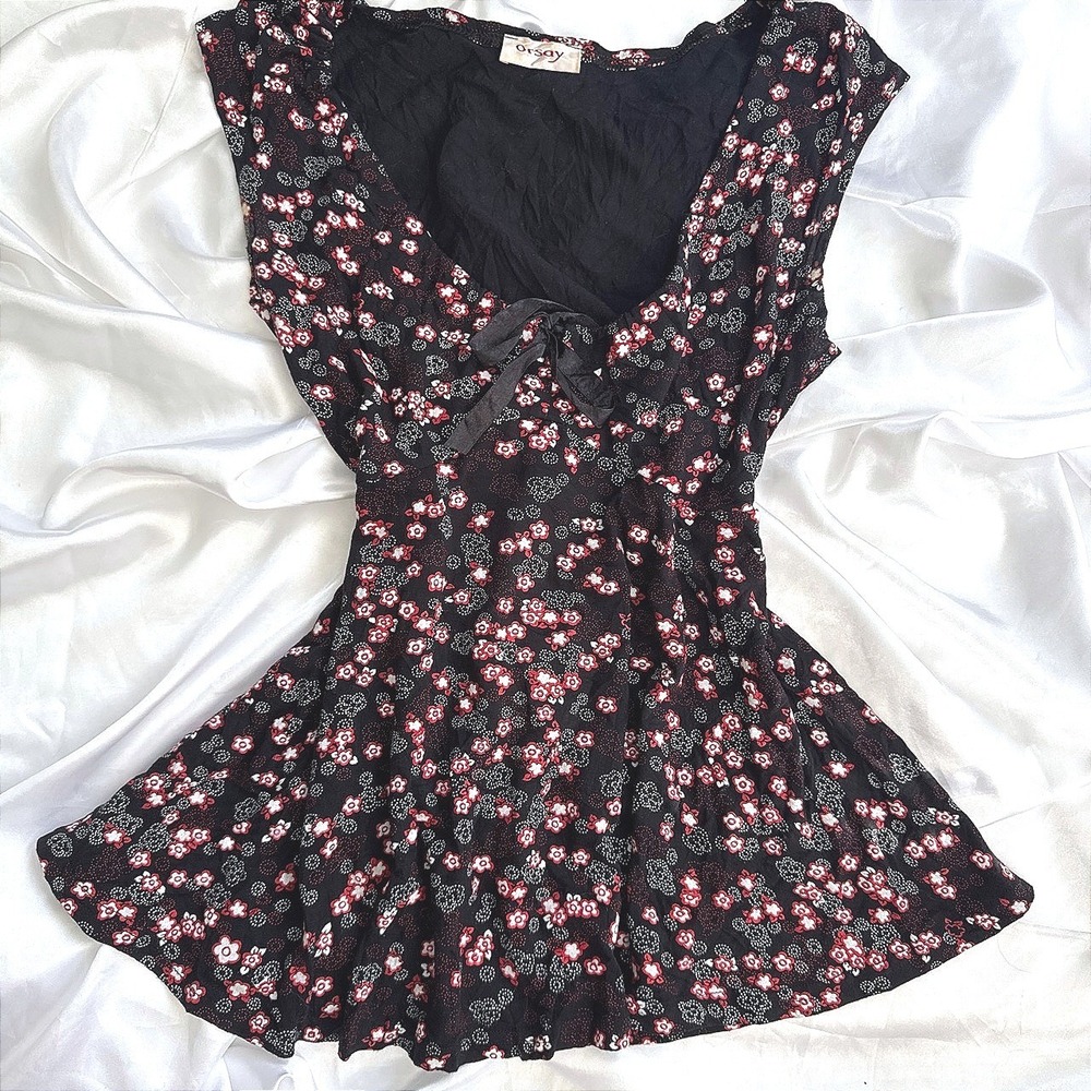 Orsay Floral Sleeveless Babydoll Top Black Red White Ditsy Print Ribbon Bow M